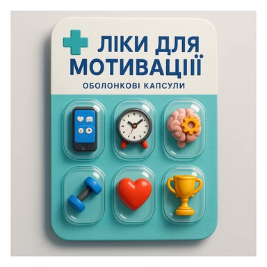 Create an ironic 3D illustration of blister pack tablets in the style of a pharmacy product, but with a satirical twist.
Instead of regular capsules, there should be miniature symbolic objects inside that represent a ‘cure’ for a specific modern problem, condition, or desire.
Title: "Ліки для мотивації". sticker