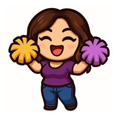 Sticker style chibi emote, matching the attached green heart emote as a base, but with a slightly skinnier body and a bigger chest. Woman from reference, purple t-shirt and blue jeans, cheering with pom-poms, cute excited face, no headband, no wand, no green heart, transparent background. Top color should not match jeans. sticker