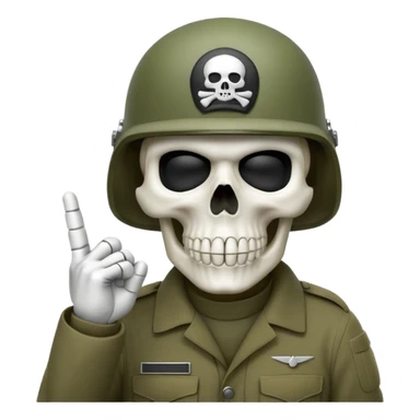 A bold emoji-style bodyless white skull wearing a realistic modern army helmet, making a shushing gesture (index finger bone held up to mouth area). Clean vector style,modern emoji aesthetic.The helmet has detailed realistic texture. sticker