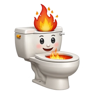 A smiling, happy white-colored toilet with fire coming from its bowl sticker