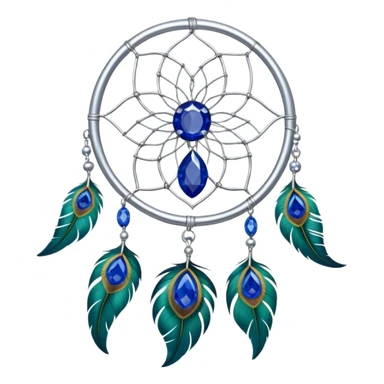 a Silver Dreamcatcher with sapphire-stones and emerald-stones, and with peacock-feathers. Big sapphire gem in the middle. Many tiny emeral gems around it.   sticker