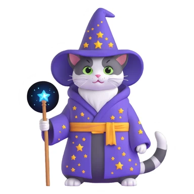 wizard cat with a starry robe and hat sticker
