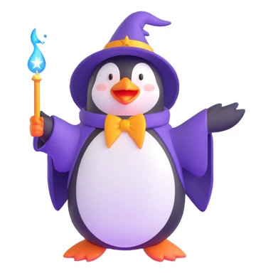 penguin wizard casting a magical spell with sparkles around sticker