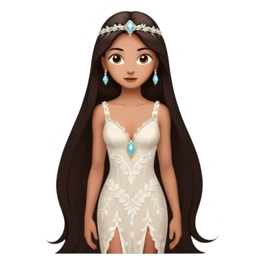 enchantress goddess wearing a embellished shimmering light powder white lace and yasmin stila marie hazel odette lilo chantecaille savannah maisie cacao champa flowers tiffany mocha lorelai beige gown with tanned skin and super long straight dark brown hair sticker