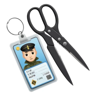 Floating black Scissors cutting in half an idf soldier ID card with a little chip in 2 parts .hyper realistic sticker