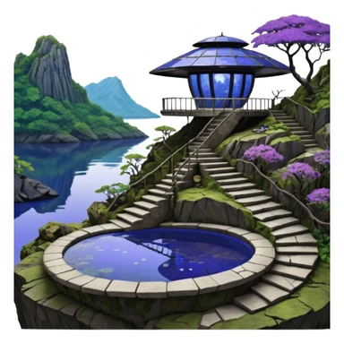 Crashed Alien saucer pool-house jungle winding staircase lakeside mountainside-island getaway haunted nighttime landscape antique mudman very old broken cracked intricate Stone Age lapis-crusted irregular dodecagon-shaped shallow dark moss rough bark violet flowered maple tree bonsai sticker