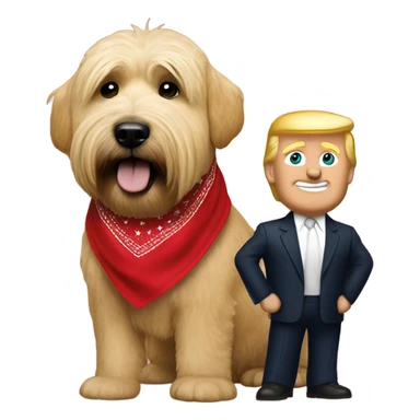 President Donald trump with a wheaten terrier wearing a red bandana sticker