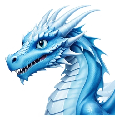 Cinematic Noble very elegant slender Ice Dragon Portrait Emoji, Poised and imposing, distinct long elegant snout, with a slender, scaled body shimmering in glacial hues of icy blue, frostbitten silver, and crystalline white, breathing out frost, with piercing, glowing ice blue white eyes that radiate the chilling depths of an arctic storm; rendered in detail. excuding wisdom sticker
