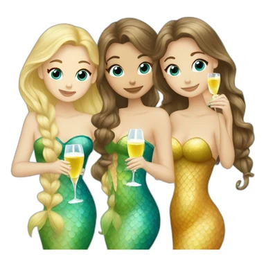 Three beautiful mermaids (two brown hair and blond one) drinking prosecco sticker
