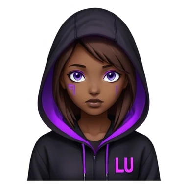 girl brown hair blue eyes wearing black hoody with violet letters "Lu" in the hood without a face. Cyberpunk style. Violet neon. sticker
