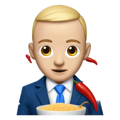 realism mac miller with a blonde comb over skin fade and blue eyes wearing a blue suit eating chilli with rice. normal colour skin sticker