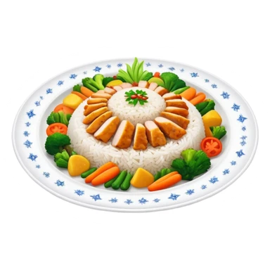 Magical floating plate with ethereal glowing rice, chicken pieces surrounded by sparkles, and enchanted Puerto Rican Boricua mix vegetables sticker