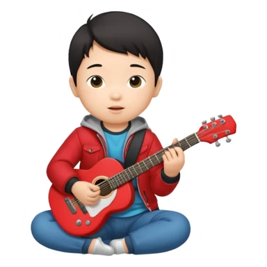 guitar rock player, baby asian head, red jacket sticker