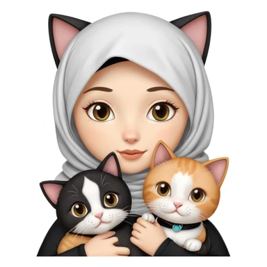 white girl with black eyes, braces and black hijab holding two cats, the first cat is tuxedo cats and the second one is calico sticker