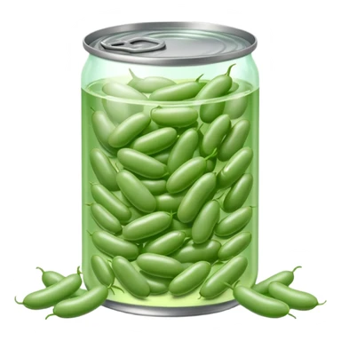open metal can with pale green oval beans in clear liquid, no label or extras, soft lighting, subtle shadows, emoji scale sticker