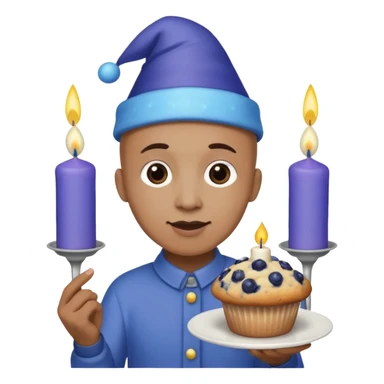 Blueberry Muffin celebrating birthday. Make sure it actually looks like a muffin with candles. Somebody holding it with party hat and bald sticker