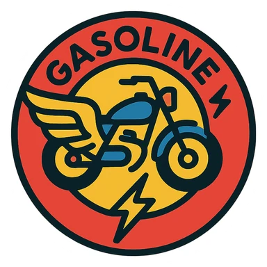 circular motorcycle gas cap design, transparent background, text 'GASOLINE', motif: wing, motorcycle, lightning, energetic style sticker