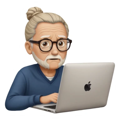 confused old man with a man bun, on a laptop sticker