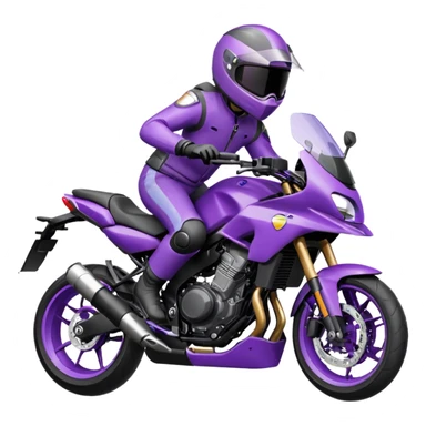 Créer un emoji copiable sur mon système iOS avec une moto mt07 noir mate / violet plus foncé que tu as et iridescent. le style de la mt07 doit être en sport. Avec pilote dessus visière violet bulle de la moto violet aussi. sticker