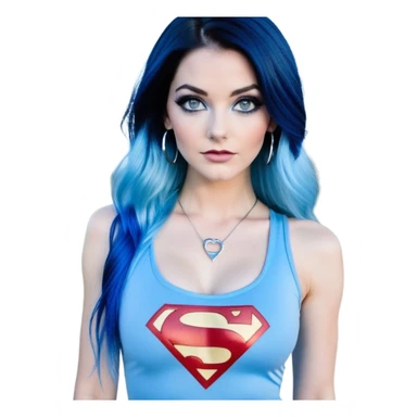 Full body with long legs-very very large chest clevage-beautiful face-black leggings-very long very straight dark blue to light blue ombre hair-and-blue eyes-a lot of black eyeliner-thick long eyelashes-sky blue low cut tanktop with glitter superman logo-silver hoop earrings sticker