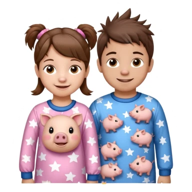 A toddler girl with brown hair with two pig tails, wearing pink pajamas with white stars on them. With a 4 year old boy with spikey brown hair, wearing blue pajamas with white stars on them. Both light skin and smiling. Both with a mix of big and small white stars on the pajamas  sticker