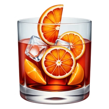 A short glass with bright red Negroni, ice cubes, and an orange wedge on top. sticker
