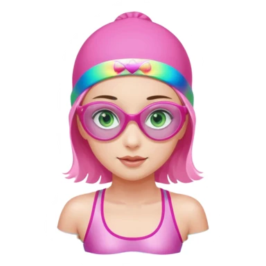 pretty girl with green eyes pink swim cap holographic swimming glasses and cute profesional swimmer pink swimsuit swimming sticker