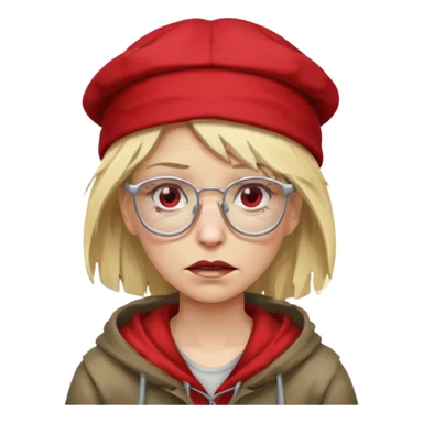 very dirty looking homeless woman with ripped red hat with ugly blond hair and broken glassess sticker