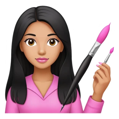 Pink Nail Tech with black long hair holding small acrylic brush sticker