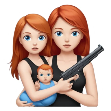 A red head with long straight hair, she has blue eyes with big boobs. She’s wearing a black tank top and holding a gun up in one hand and a baby boy with blue eyes sucking on one of her boobs in the other arm sticker
