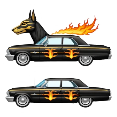 Satans Hot rod custom 1964 impala low rider four door Anubis theme painted hood flaming side-pipes sticker