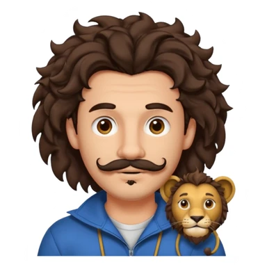 Make a cute guy with bouncy curly dark brown hair with a disconnected goatee and medium skin with a thin parted pencil mustache and lion ears sticker