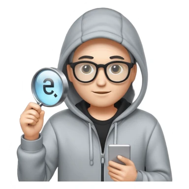 A stylized 3D emoji icon of a web developer character, wearing a hoodie and glasses. They are holding a glowing magnifying glass up to a computer screen filled with lines of HTML code and a search bar. sticker
