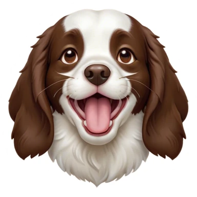 Cinematic Cute Yawning Springer Spaniel Portrait Emoji, Head tilted slightly with a dramatic, wide-open yawn, showcasing a smooth Fur of liver and white with crisp markings, floppy ears slightly drooping, round brown eyes barely open in drowsy contentment, Simplified yet irresistibly adorable features, highly detailed, glowing with a soft, cozy glow, high shine, relaxed yet expressive, stylized with a touch of whimsy, bright and endearing, soft glowing outline, capturing the essence of a sleepy yet affectionate companion, so drowsy it feels like it could stretch right out of the screen and curl up for a nap! sticker