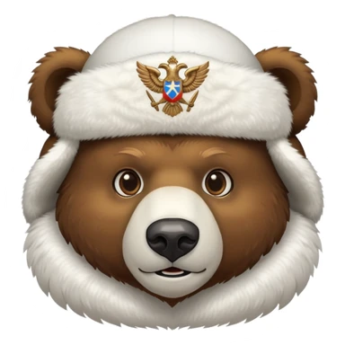 Brown bear head face wearing white fluffy ushanka with detailed Russian double-headed eagle emblem centered on front, iOS emoji style sticker