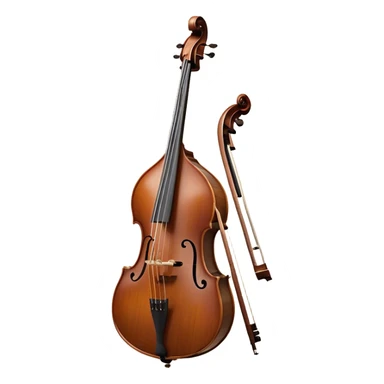 Create an elegant and detailed emoji representing a double bass with a bow. The design should feature the large, curved wooden body of the double bass with rich, dark wood tones and a smooth, polished finish. Include the long neck and scroll at the top of the instrument, with metal tuning pegs clearly visible. The bow should be shown beside or lightly touching the strings, emphasizing the role of the bow in producing sound. Add subtle musical notes or sound waves around the instrument to evoke its deep, resonant sound. Use warm tones like brown, gold, and ebony for the wood, with metallic accents for the strings and fittings. The background should be transparent. sticker