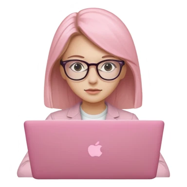 Chica lacia en una MacBook rosa investigando y haciendo tareas sticker