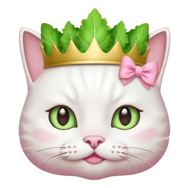 white cat with pink bow and light green lettuce crown, emoji style sticker