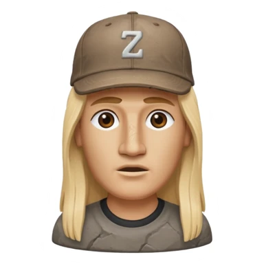 Easter island head rock with long blonde hair and a backwards baseball cap sticker