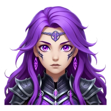 A mysterious warrior girl with long, flowing purple hair catching the dim light. Her glowing violet eyes stare forward, unwavering. She wears sleek black armor, adorned with silver runes that pulse faintly with hidden power. A dark mist swirls at her feet, hinting at the energy she commands. sticker