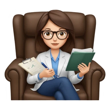 female therapist, brunette, brown eyes, light skin, sitting in an armchair with notes, wearing glasses sticker