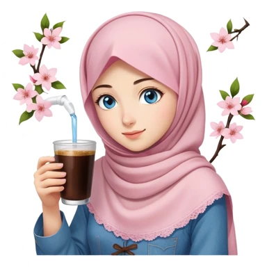 Turkish beautiful finish Konya girl blue eyes with light pink denim hijab islamic dress and had on her hand sakura blossoms in cold brew coffee  sticker