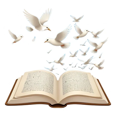Icon for Poetry Reading: an open book with verses on the pages, from which fly pages transforming into a large flock of small white birds soaring into the blue sky. The icon should evoke the freedom and beauty of poetry. Transparent background. sticker