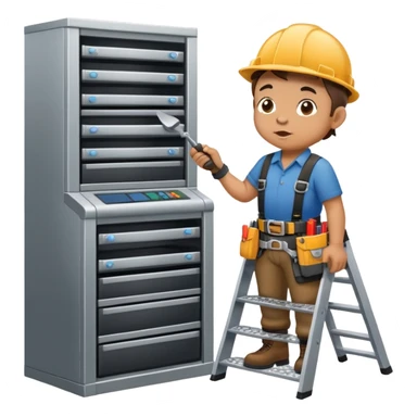 Midget standing on a step ladder blowing into a server in a server rack  sticker