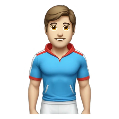 retro 70s blue and red gym clothes for a modern white brunette uni male student with glass sticker