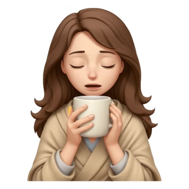 emoji-style illustration of a crying relaxed woman with long wavy brown hair, wrapped in a cozy beige blanket, holding a mug cup, eyes closed, sad and a bit anxious expression, soft 3D cartoon rendering, warm and comforting mood, plain background
 sticker