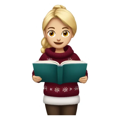 Girl wearing burgundy Christmas jumper reading a book sticker