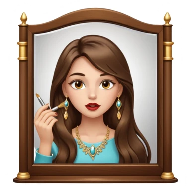 Girl with long brown hair, gold jewelry, and lashes, putting on lipgloss while looking in a mirror  sticker