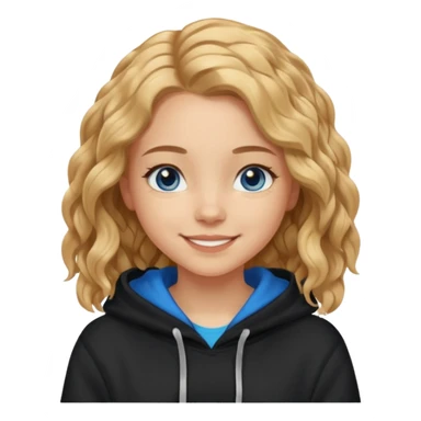 мила дівчинка з пшеничним хвилястим волоссям до грудей з голубими очами в чорному худі посміхається sticker