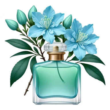 Aesthetic ensemble of soft blue azaleas alongside a charming vintage green perfume bottle.
 sticker